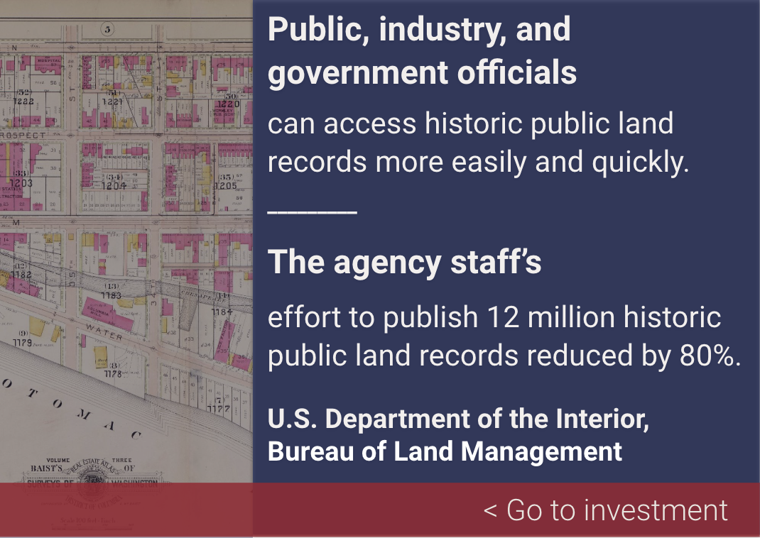 "A graphic showing U.S. Department of Interior, Bureau of Land Management investment impact. Also links to U.S. Department of Interior, Bureau of Land Management investment information. "